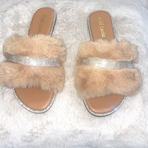 Brown Faux Fur Rhinestone Sandals - Picture 1 of 5